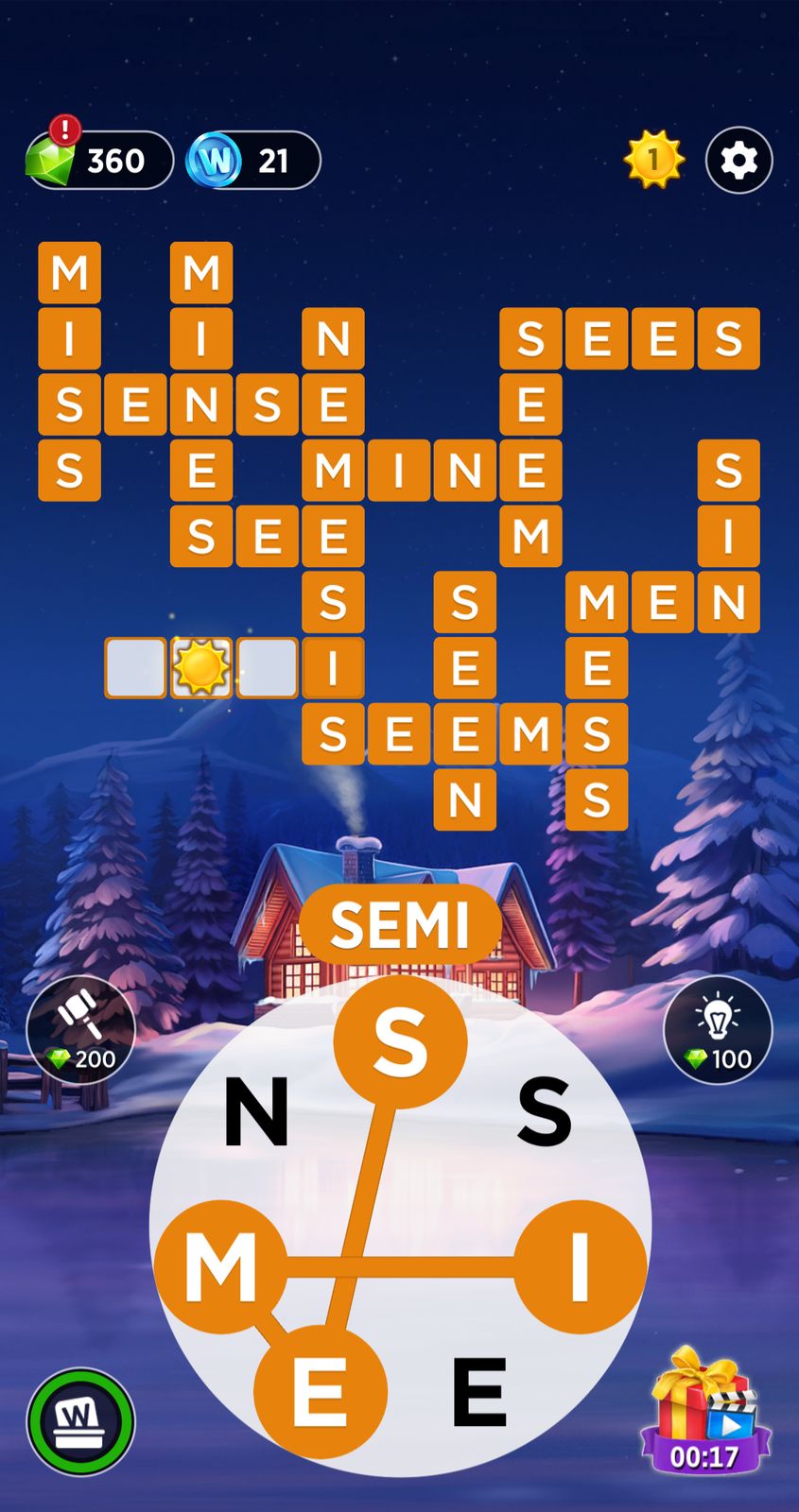 Word puzzle game with snowy cabin background.