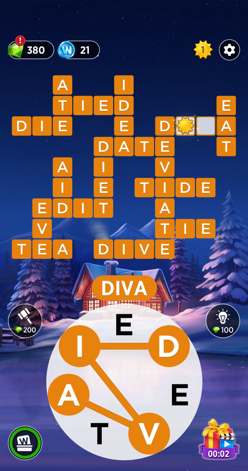 Word puzzle game screen with house and snow.