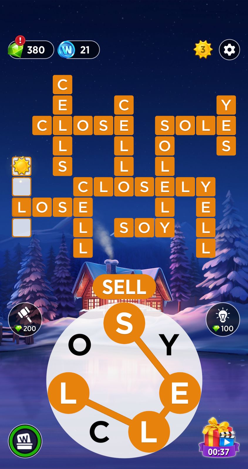 Word puzzle game with snowy cabin background.