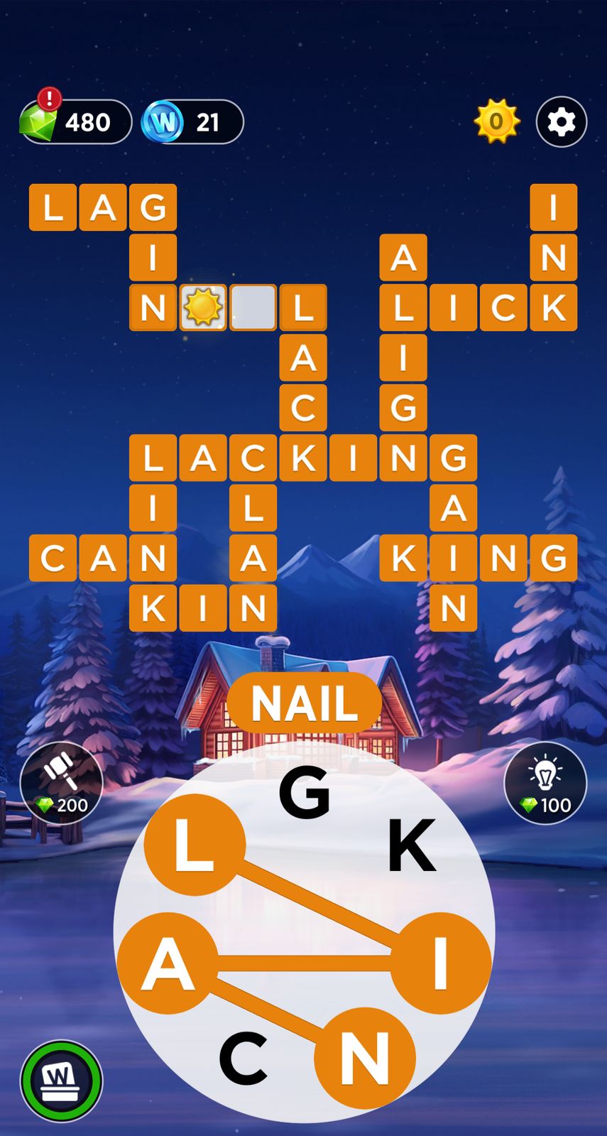 Word puzzle game screen with letters 'L A C K N'.