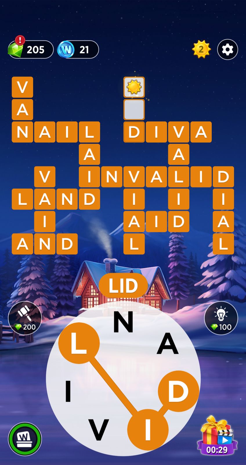 Word puzzle game with snowy cabin background.