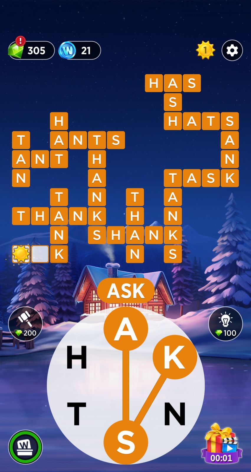 Word puzzle game with winter cabin background.
