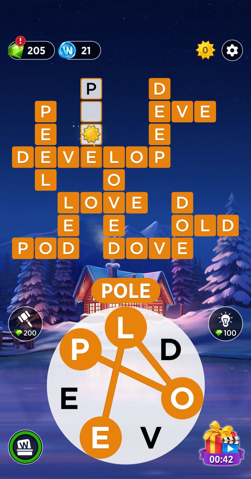 Word puzzle game with winter theme.