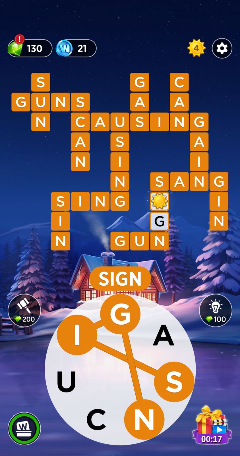 Word puzzle game with winter background.
