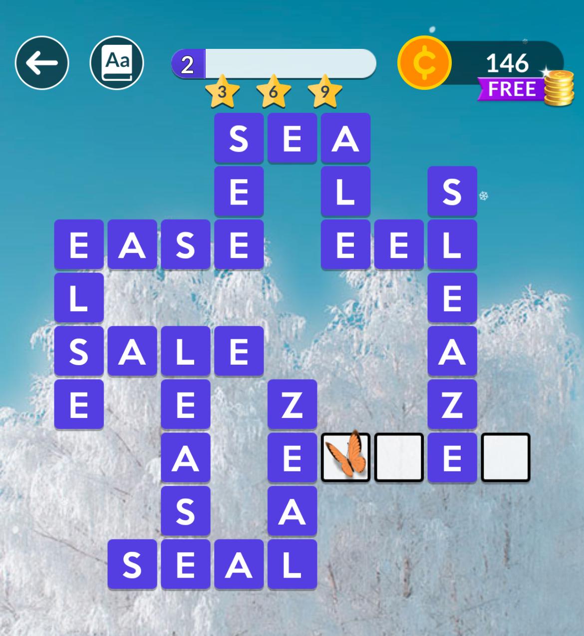 Word puzzle game with letters and coin meter.