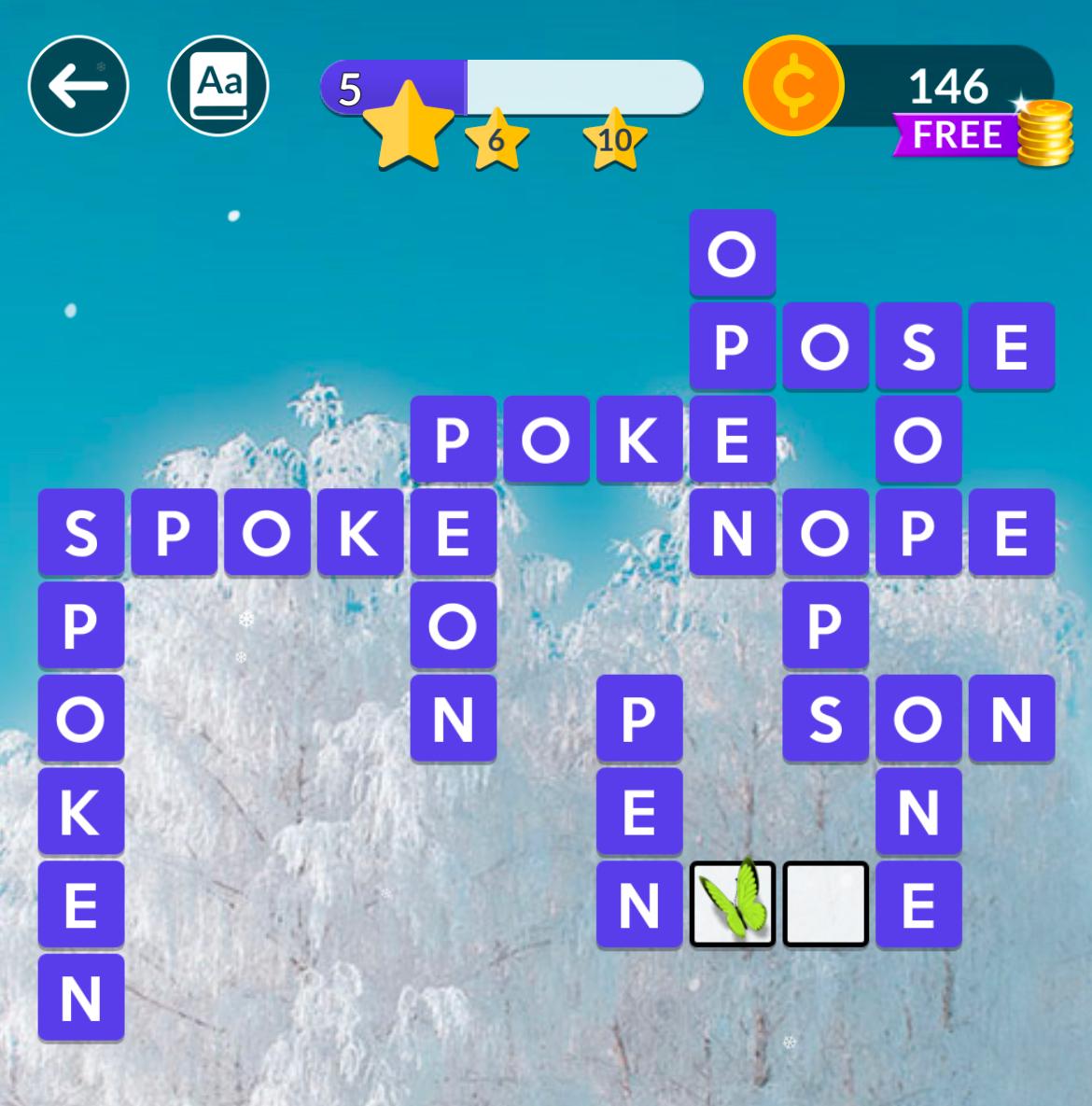 Word puzzle game with winter background.