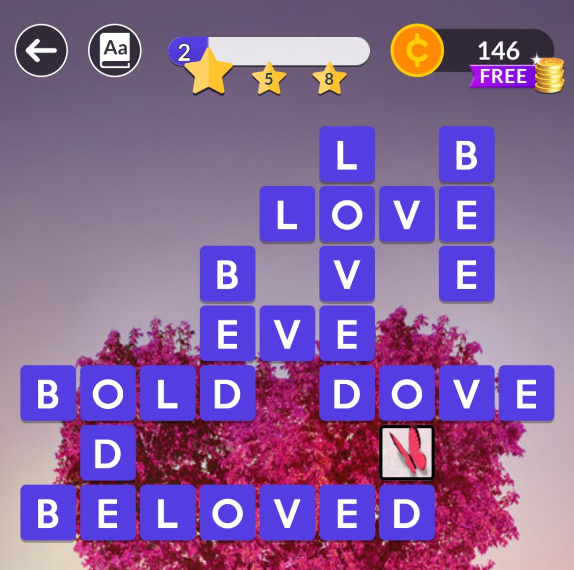 Wordscapes February 14 2025 Word puzzle game with purple tree background.