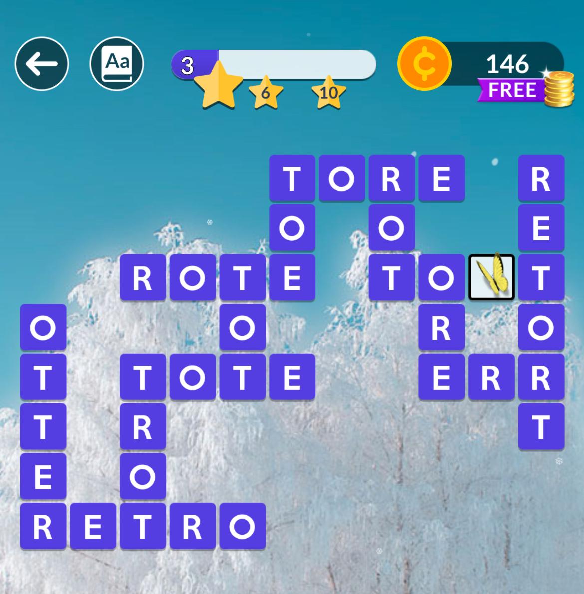 Word puzzle game screenshot with blue blocks.