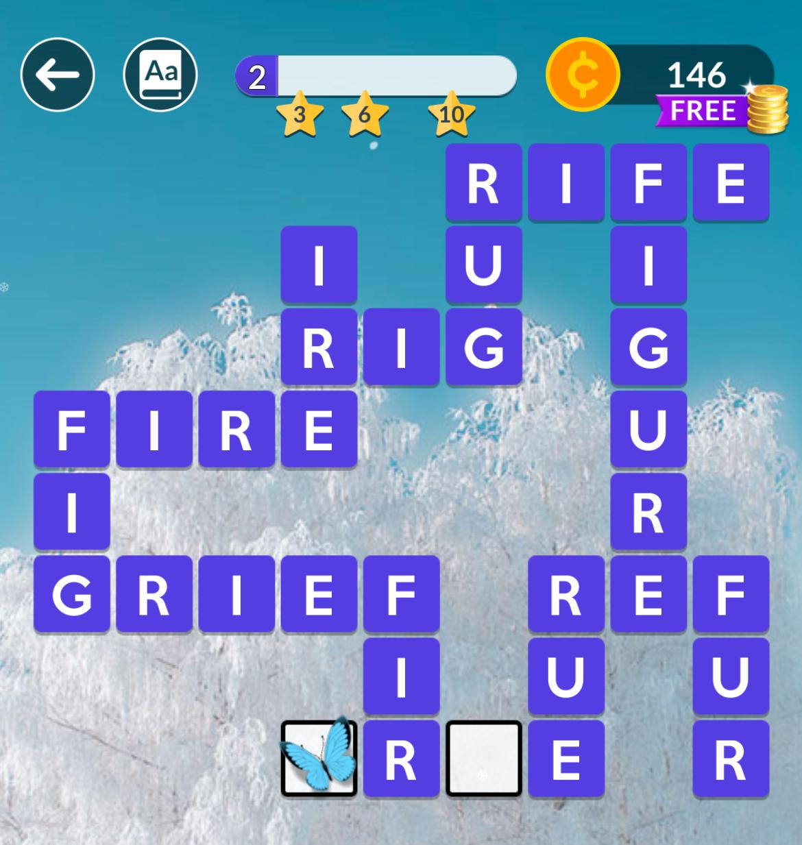 Word puzzle game with words like fire and grief.