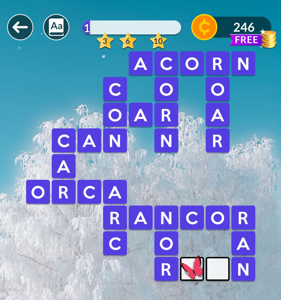 Word puzzle game with overlapping words on screen.