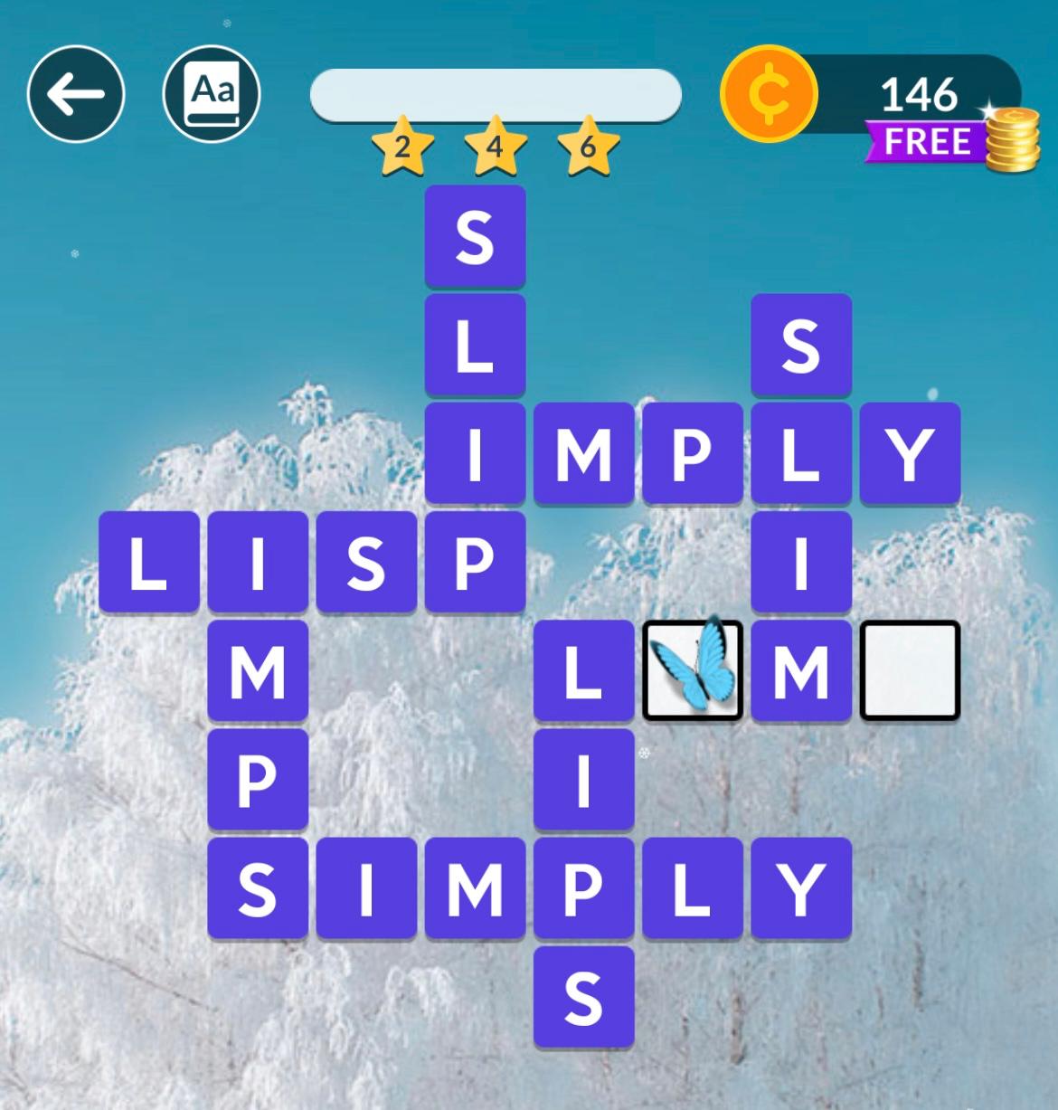 Word game puzzle with intersecting words on sky background.
