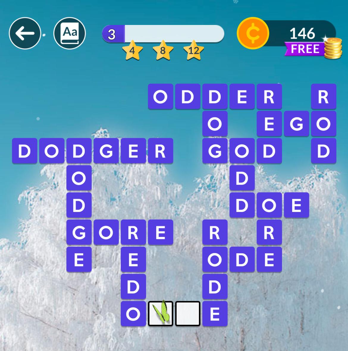 Word puzzle game screen with letters and score.