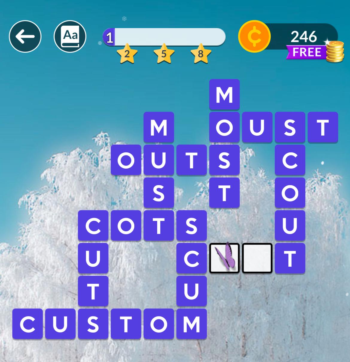 Word puzzle game with overlapping purple tiles.