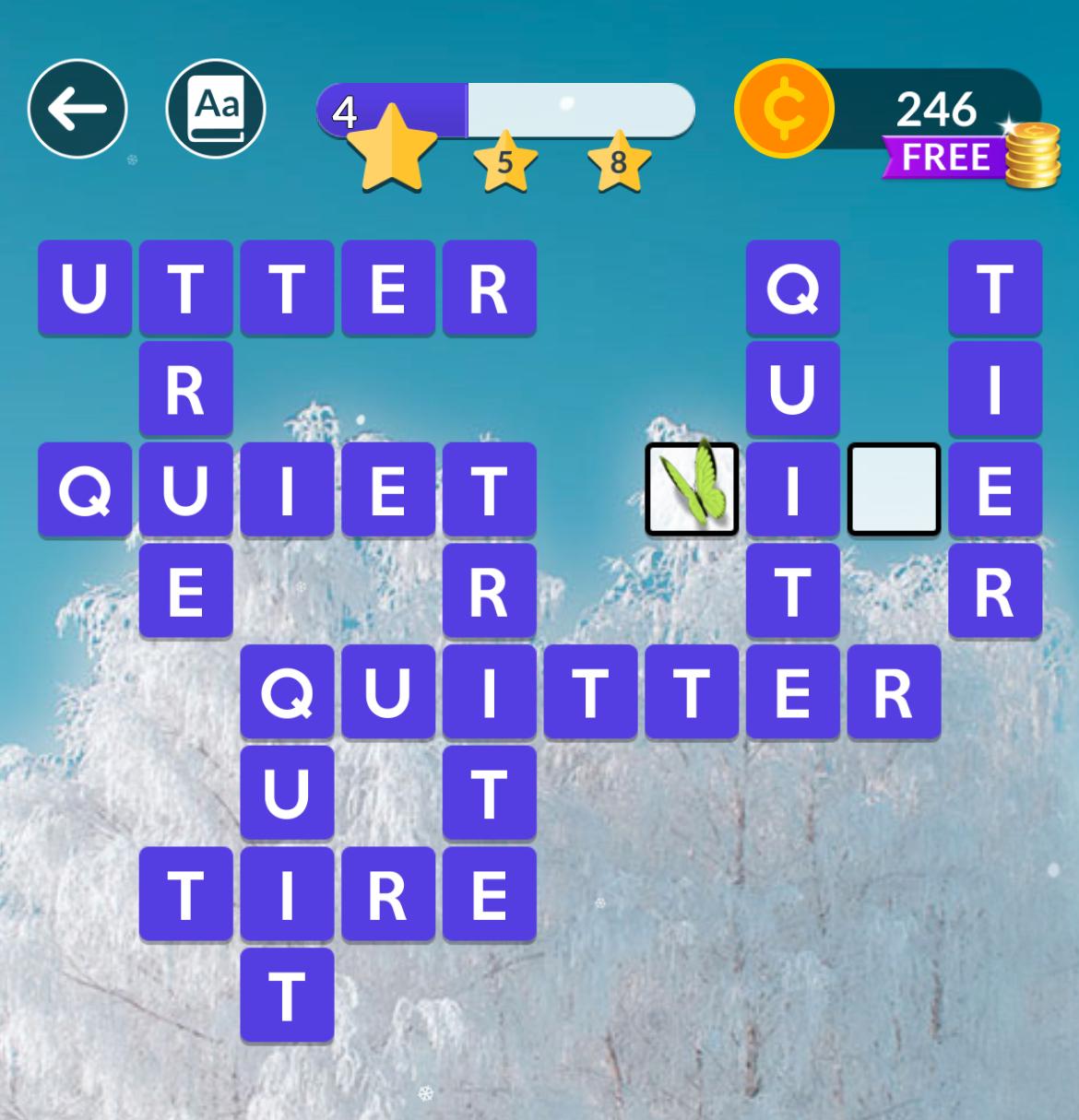 Crossword puzzle game screenshot with progress and coins.