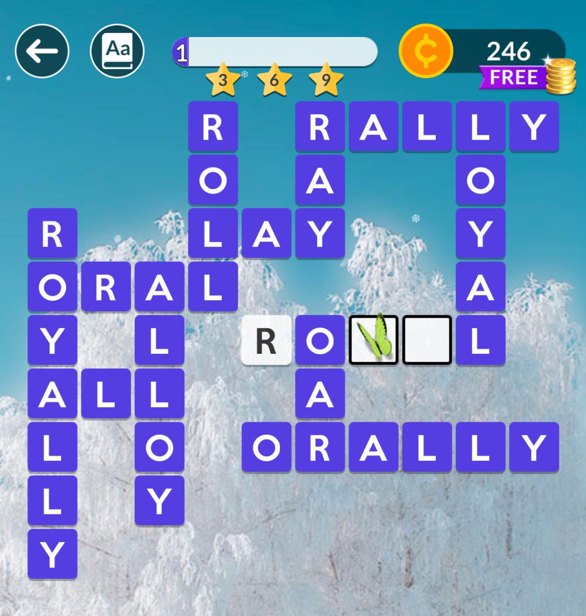 Word puzzle game with coins and stars.