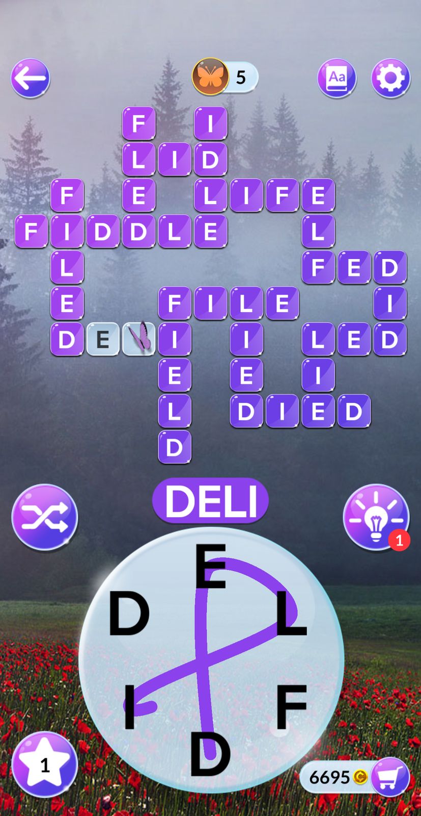 Word puzzle game with interconnected letters and pathways.