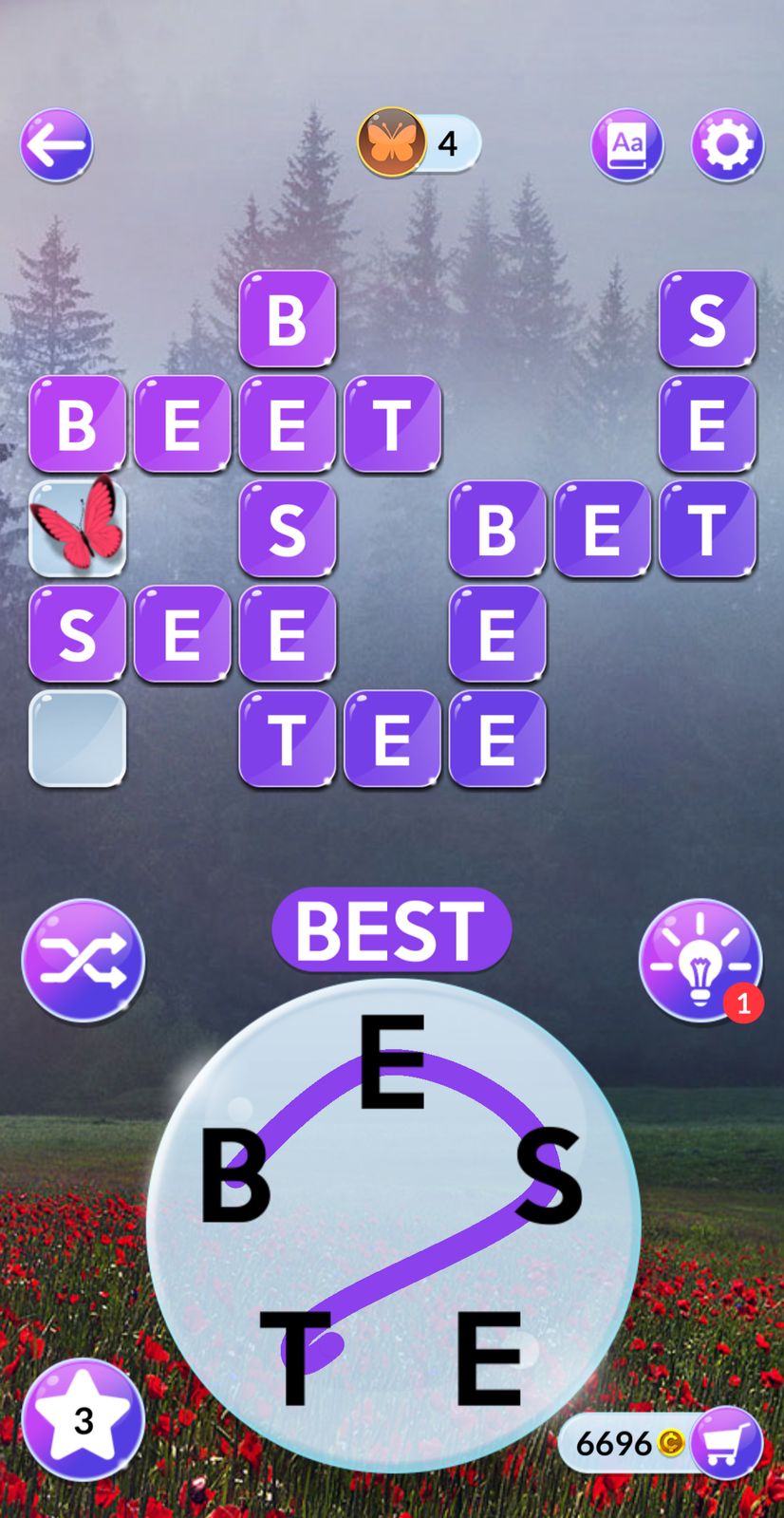 Word puzzle game with butterfly theme.