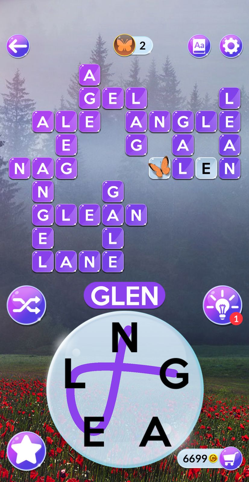 Word puzzle game interface with purple tiles.