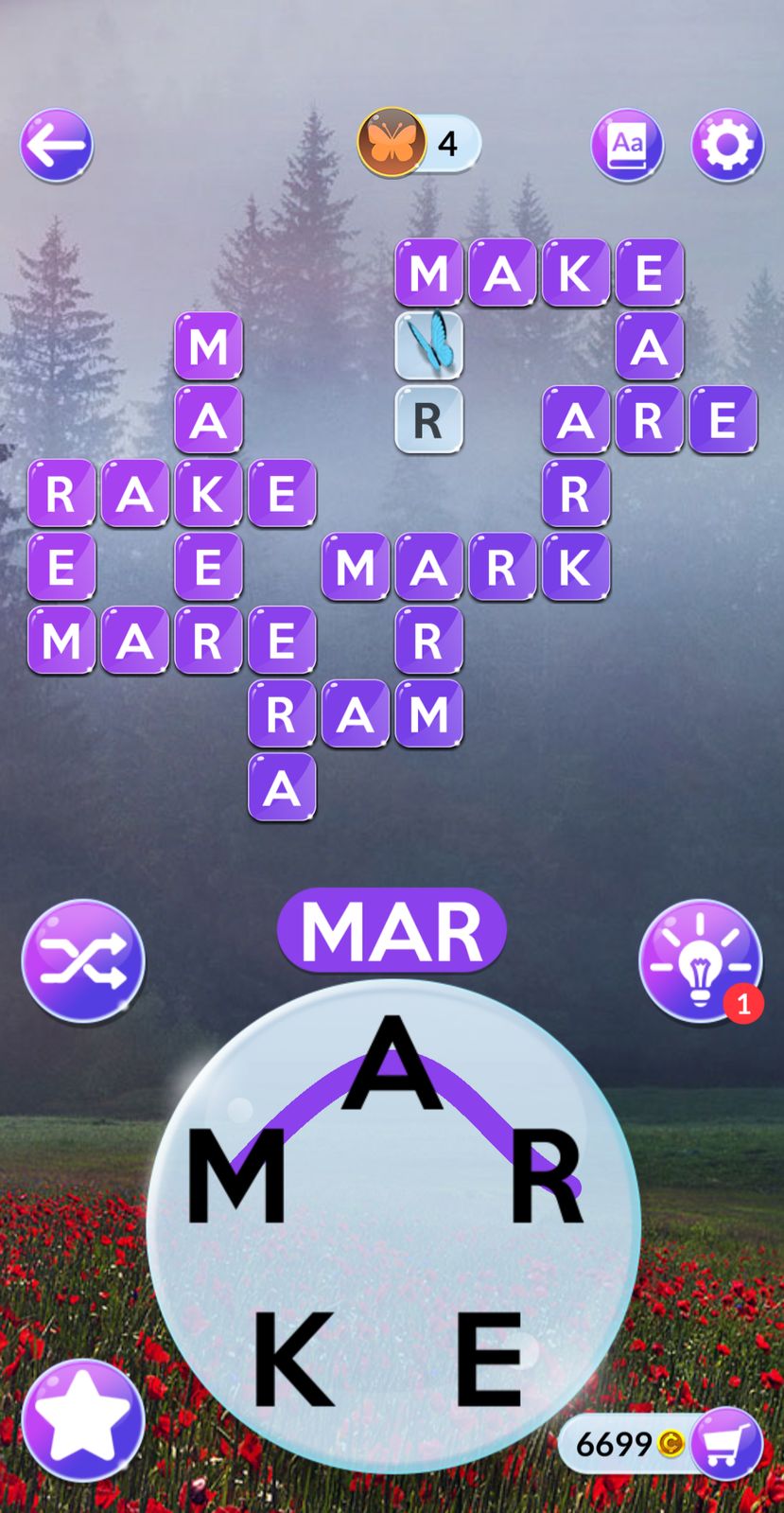 Word puzzle game interface with arranged letter tiles.
