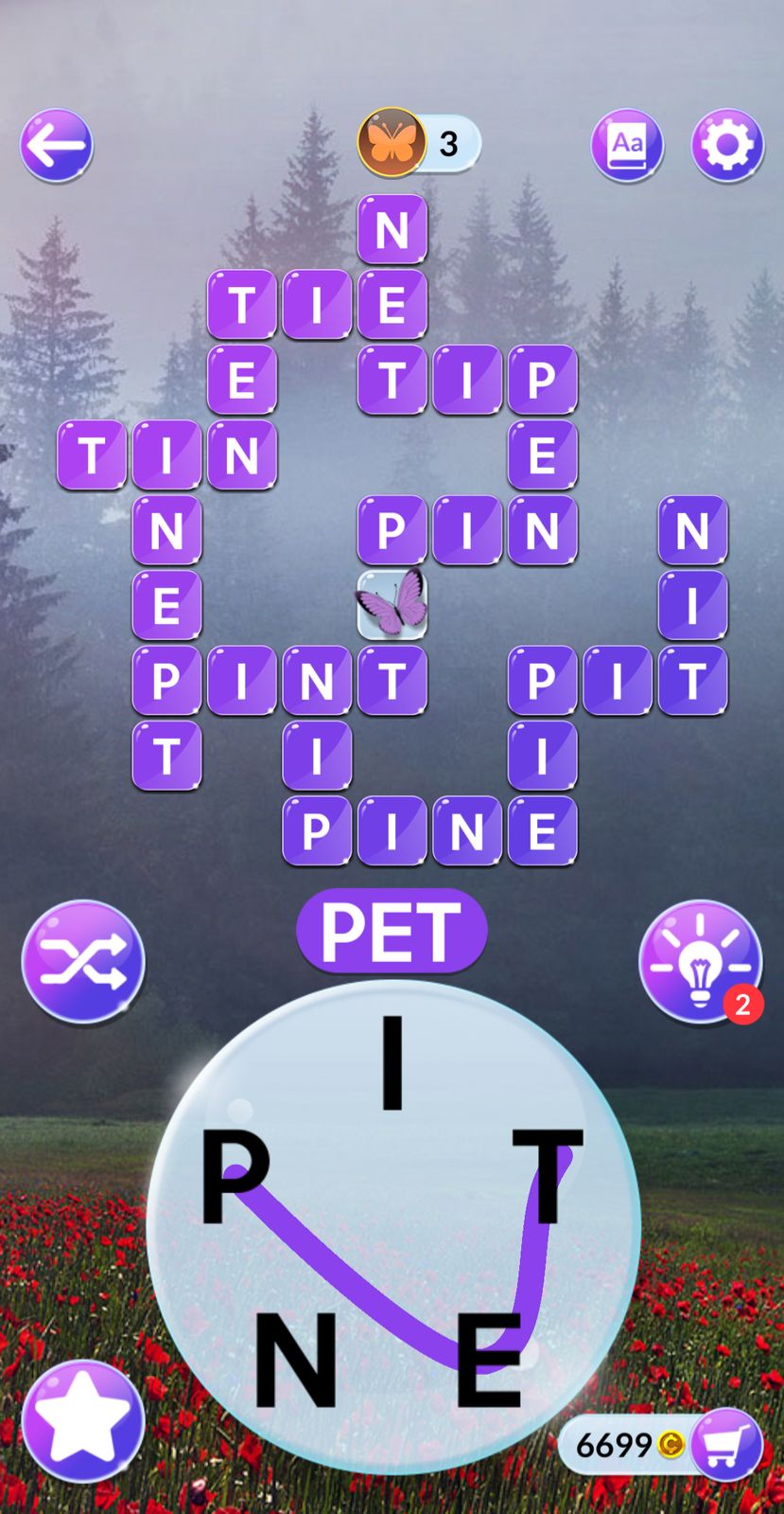Word puzzle game with intersecting letter tiles.