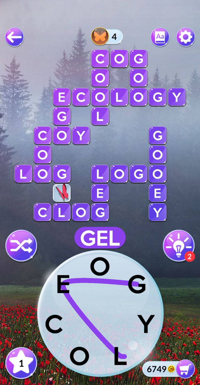 Word puzzle game screen with solved words