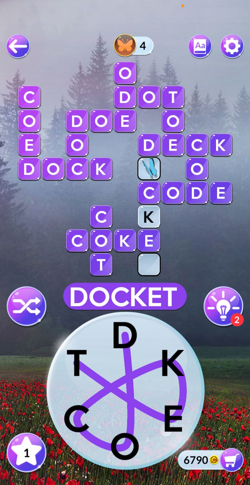 Word puzzle game screen with crossword and letters.