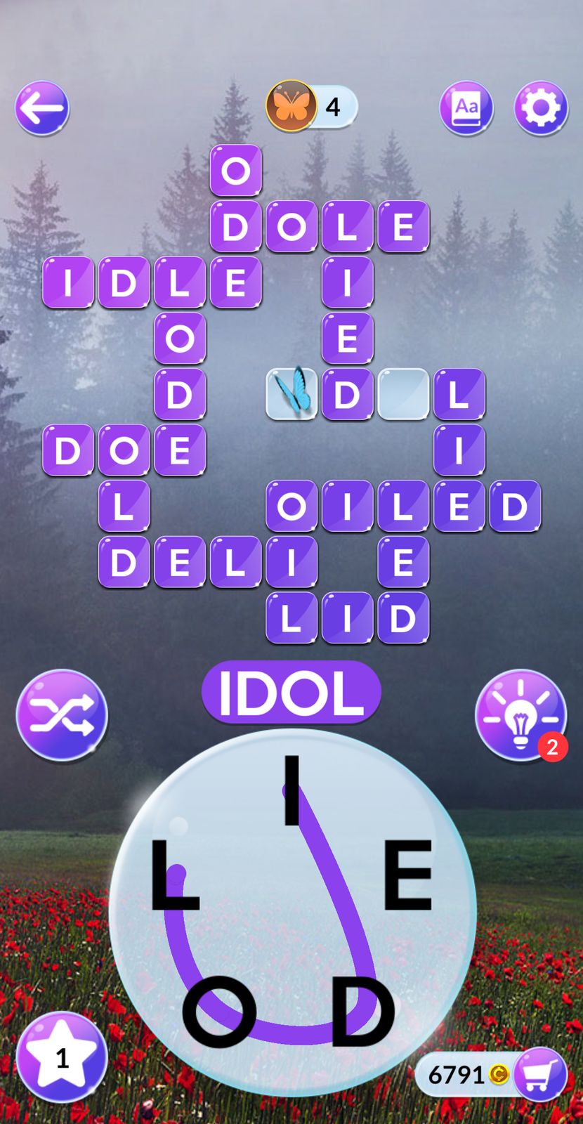 Word puzzle game with letter tiles and hints.