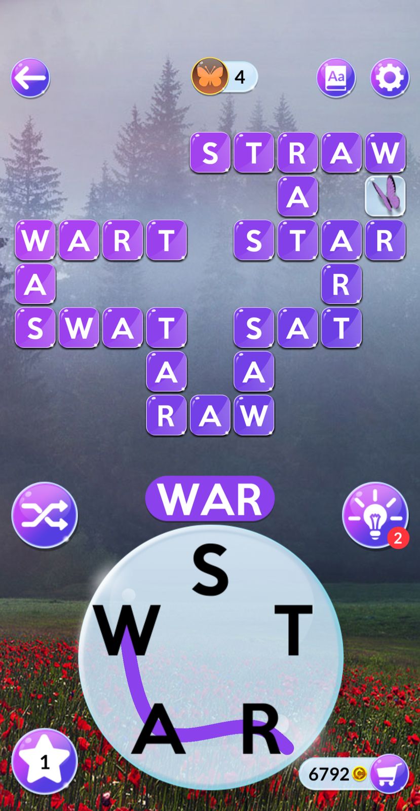 Word puzzle game interface with solved words.