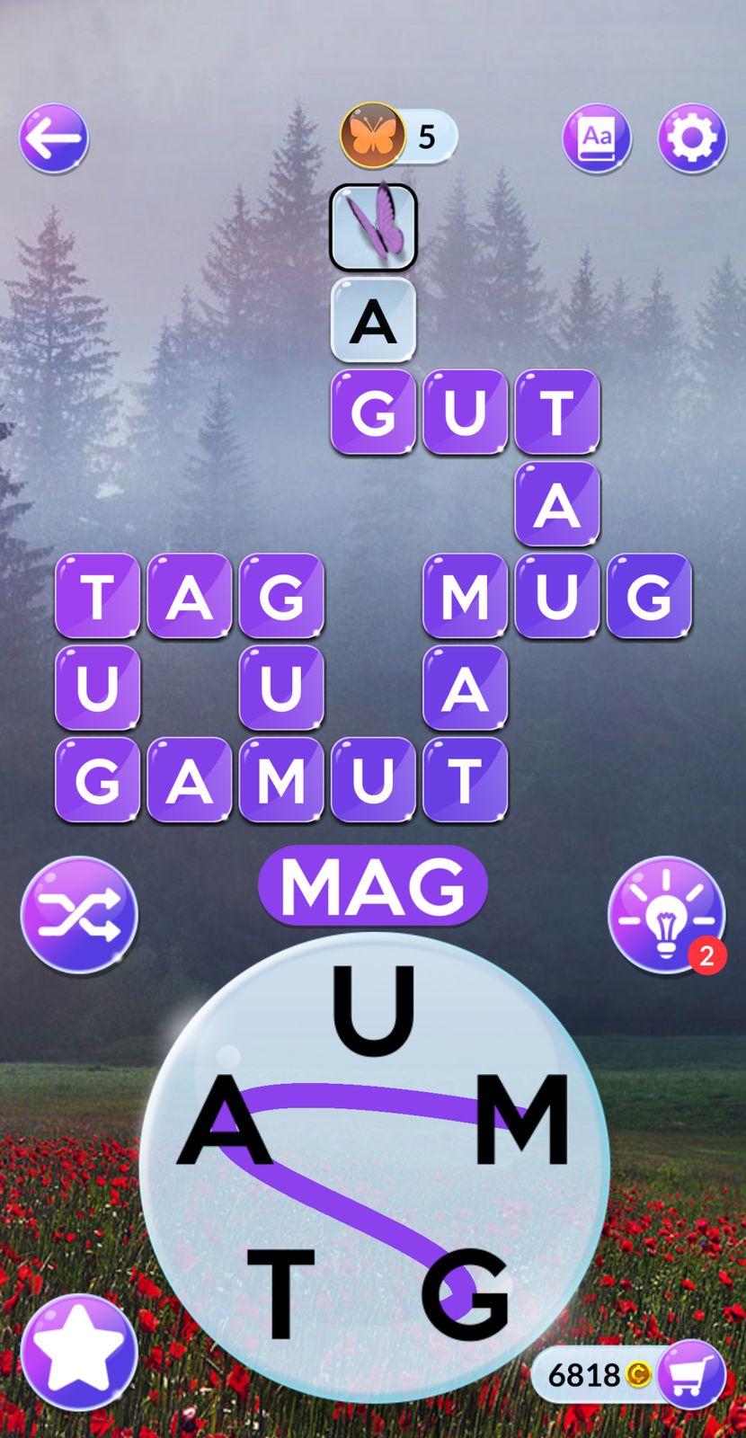 Word puzzle game with purple letter tiles.