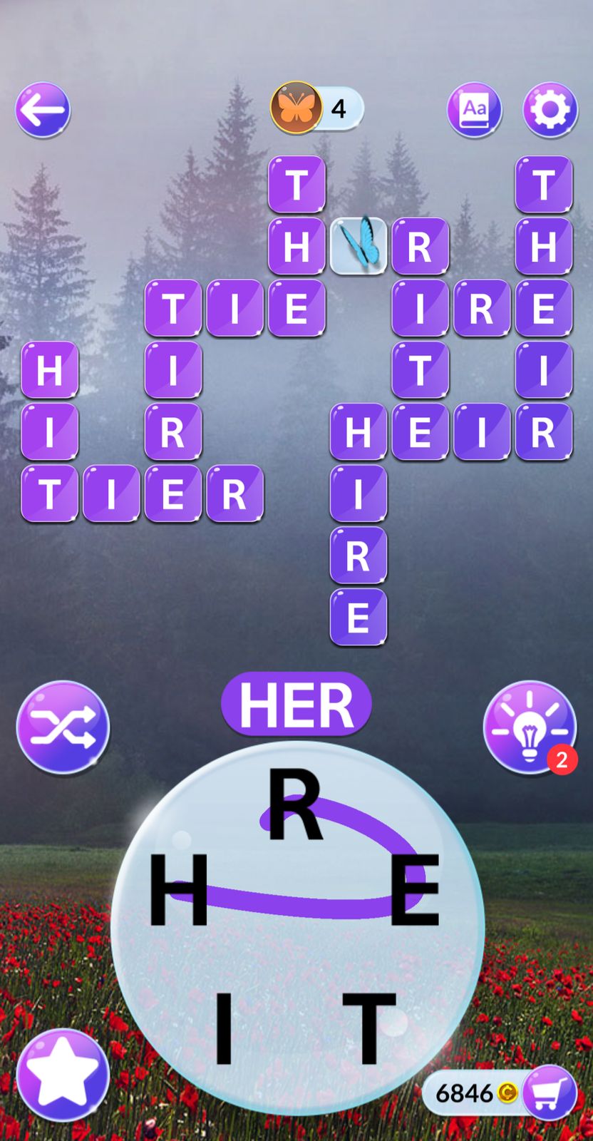Word puzzle game screen with purple tiles.