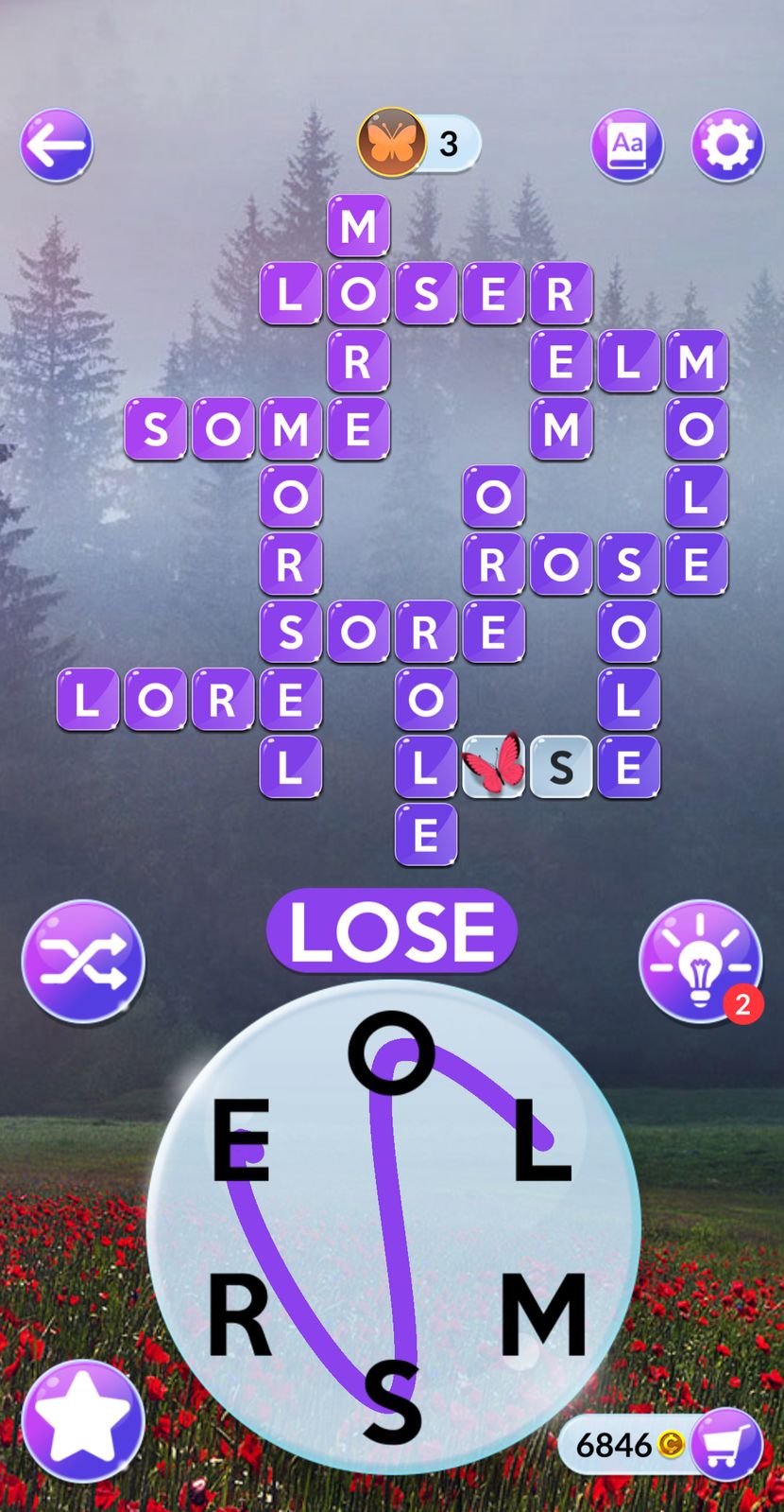 Word puzzle game with forest background.