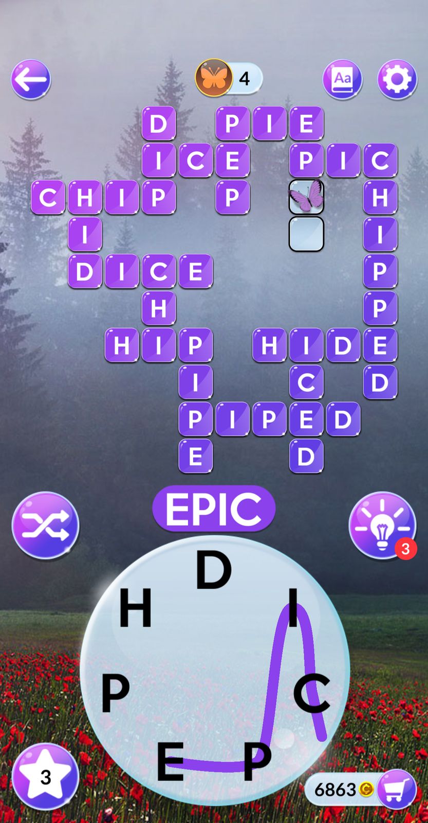 Word puzzle game with letters and hints