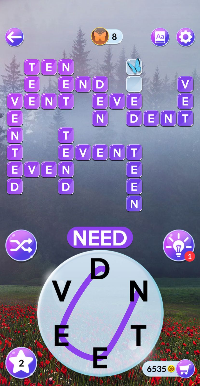 Word puzzle game with butterfly and forest background.