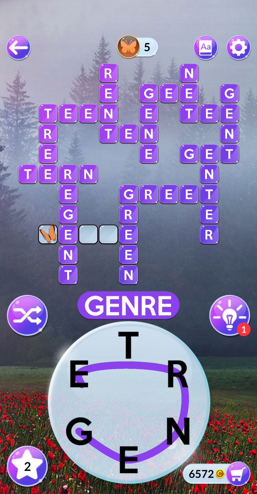 Word puzzle game screen with rearrangeable letters.