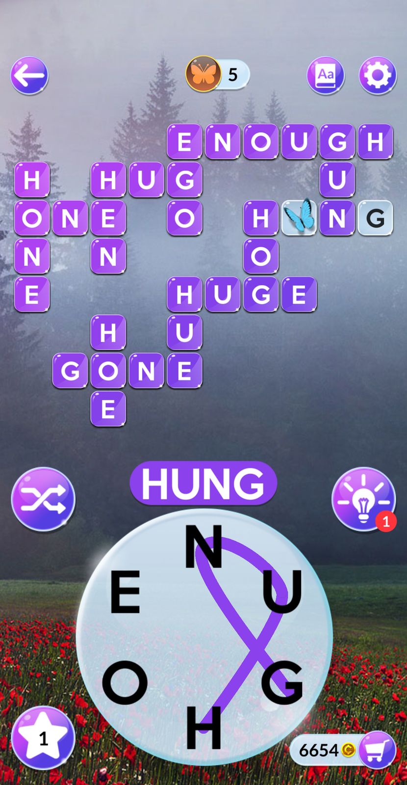 Word puzzle game with letters forming words.
