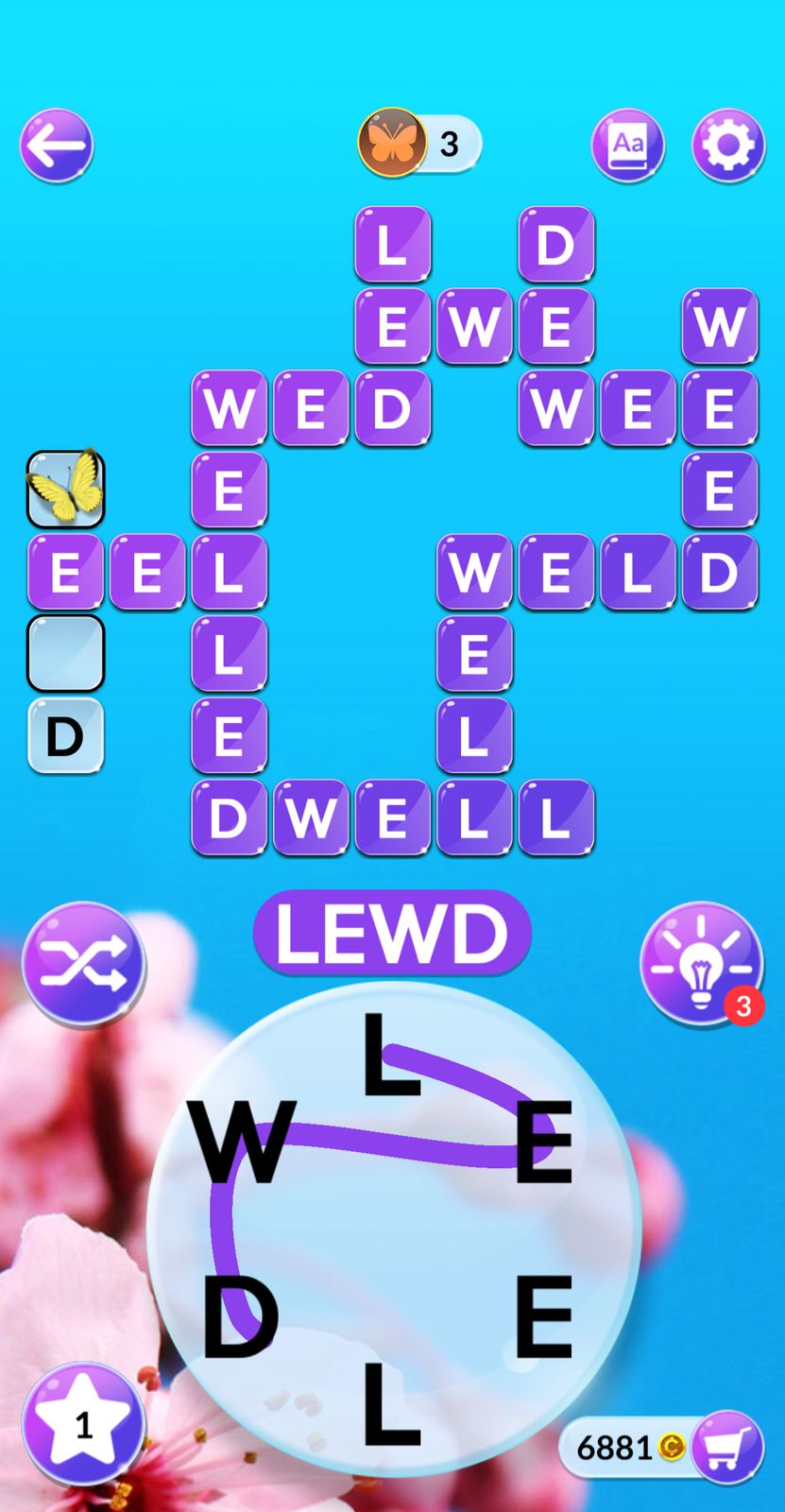 Word puzzle game with words lewd, well, weed.