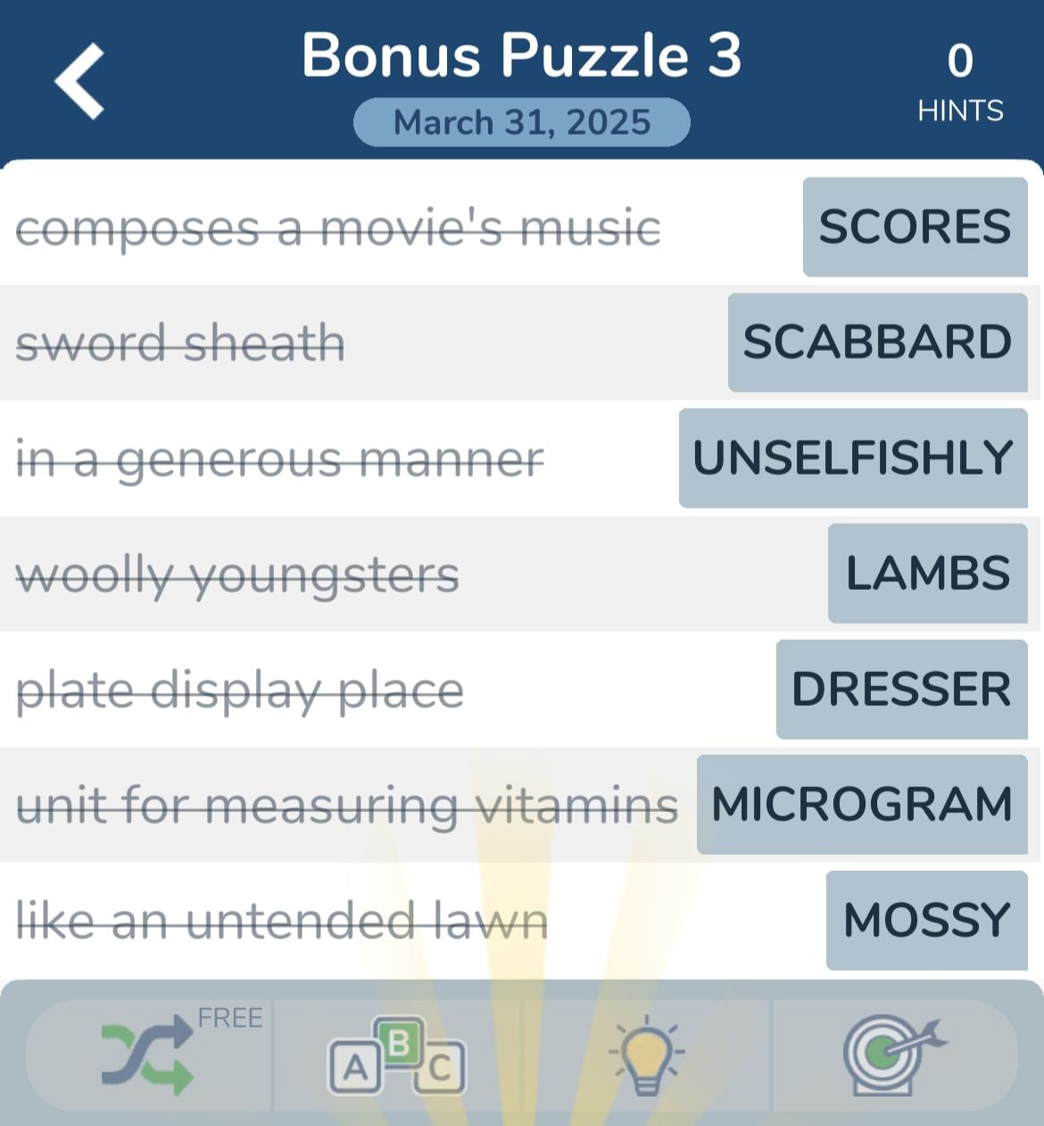 7 Little Word s March 31 2025 Bonus 3