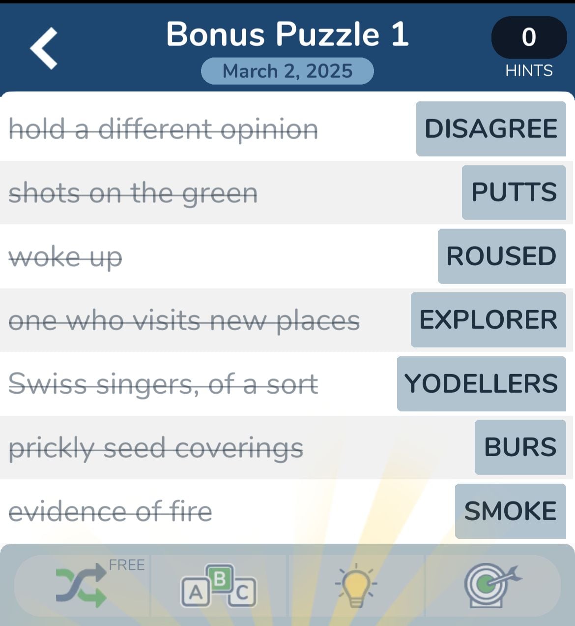 Bonus Puzzle 1 word matching game answers.