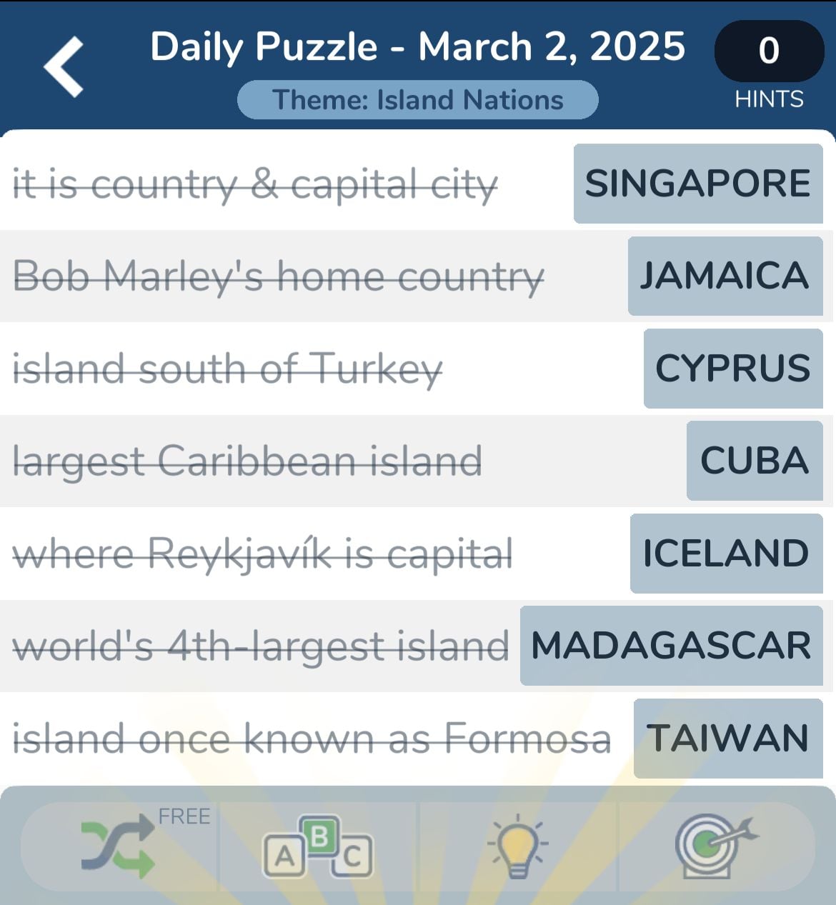 Island nations puzzle with clues and answers