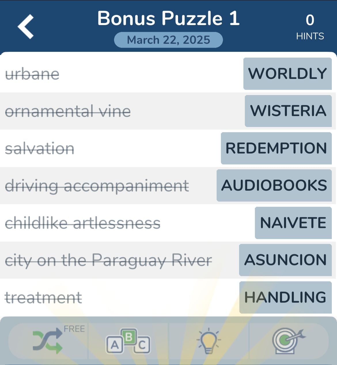 7 Little Words March 22 2025 Bonus 1