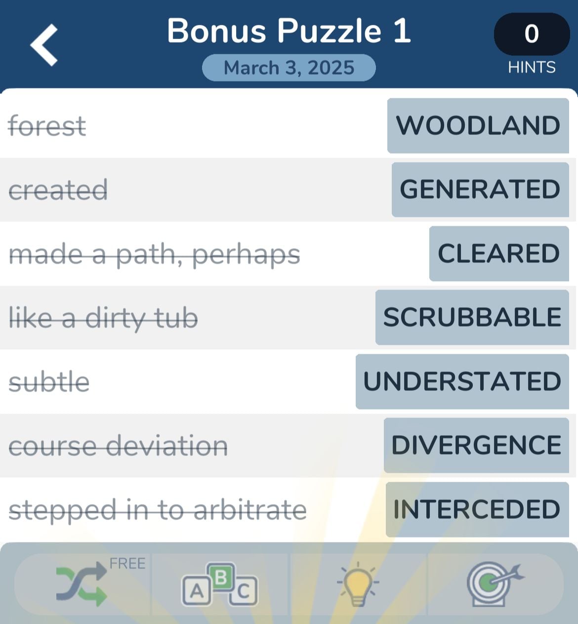 Word puzzle clues and answers screen.