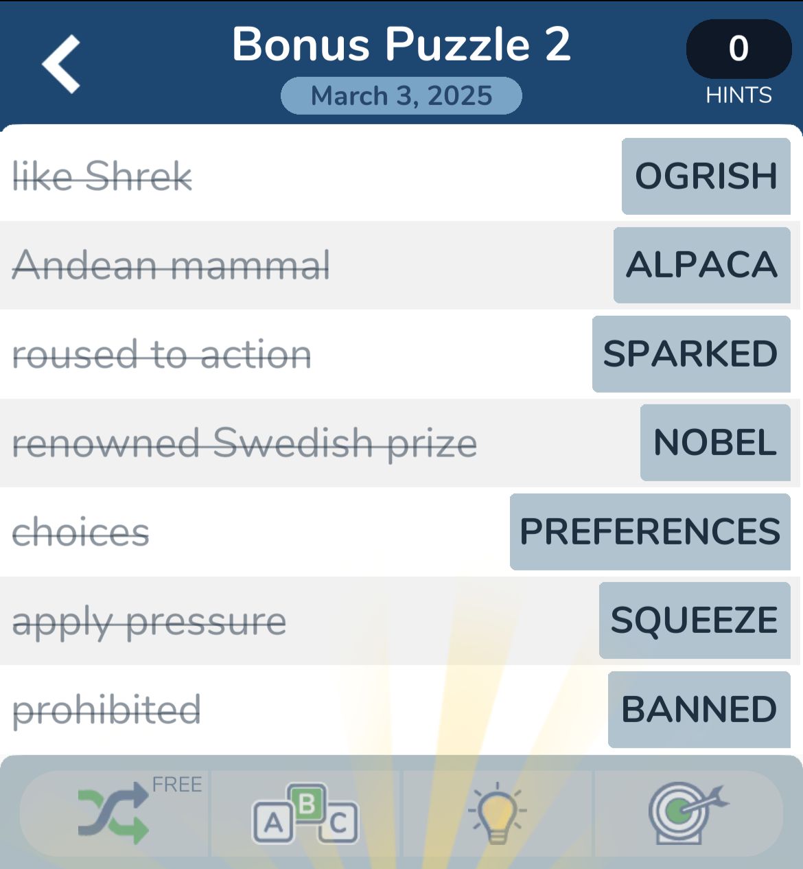 Word puzzle game answers with clues and date.