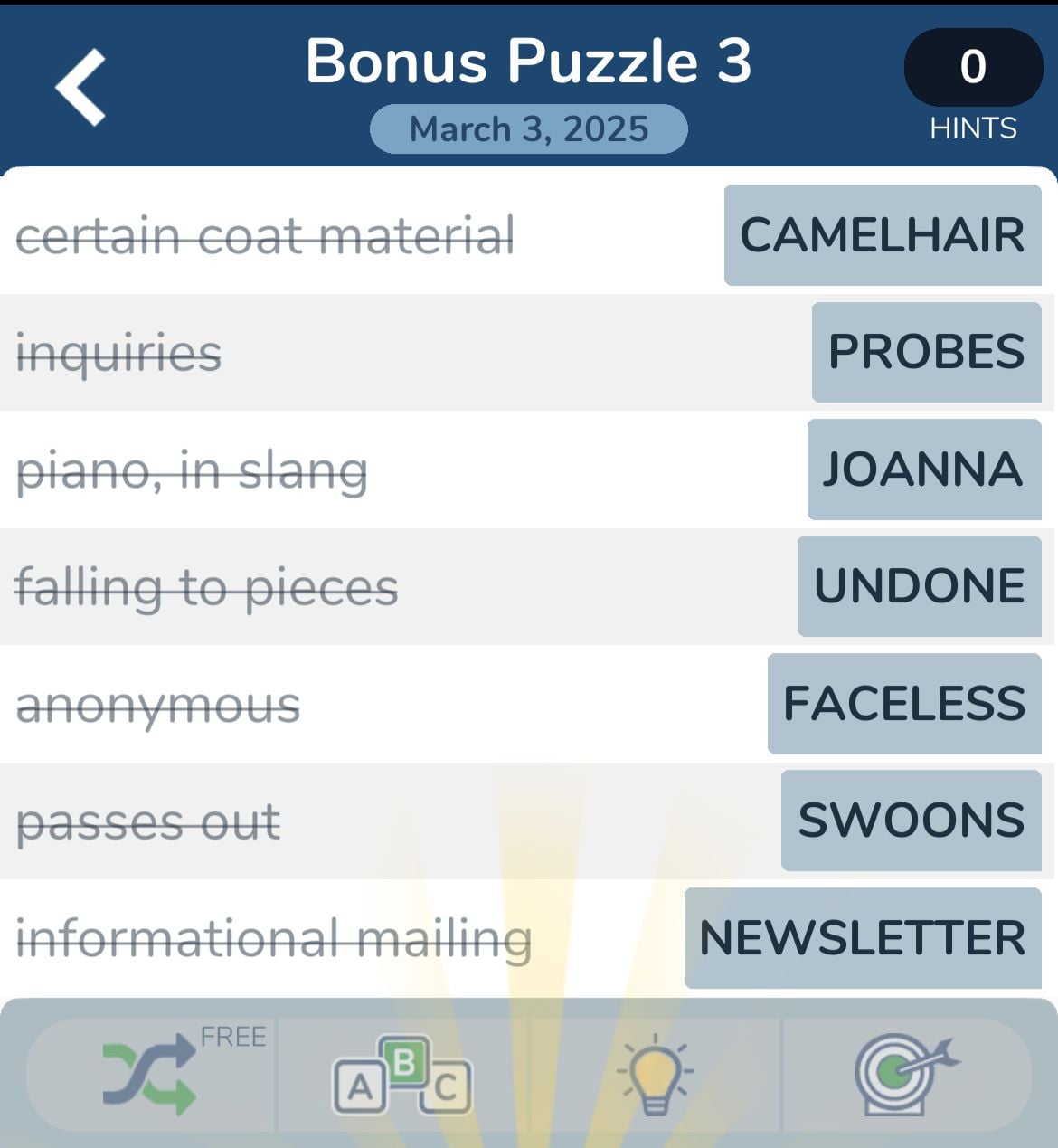 Crossword puzzle with seven word clues complete.