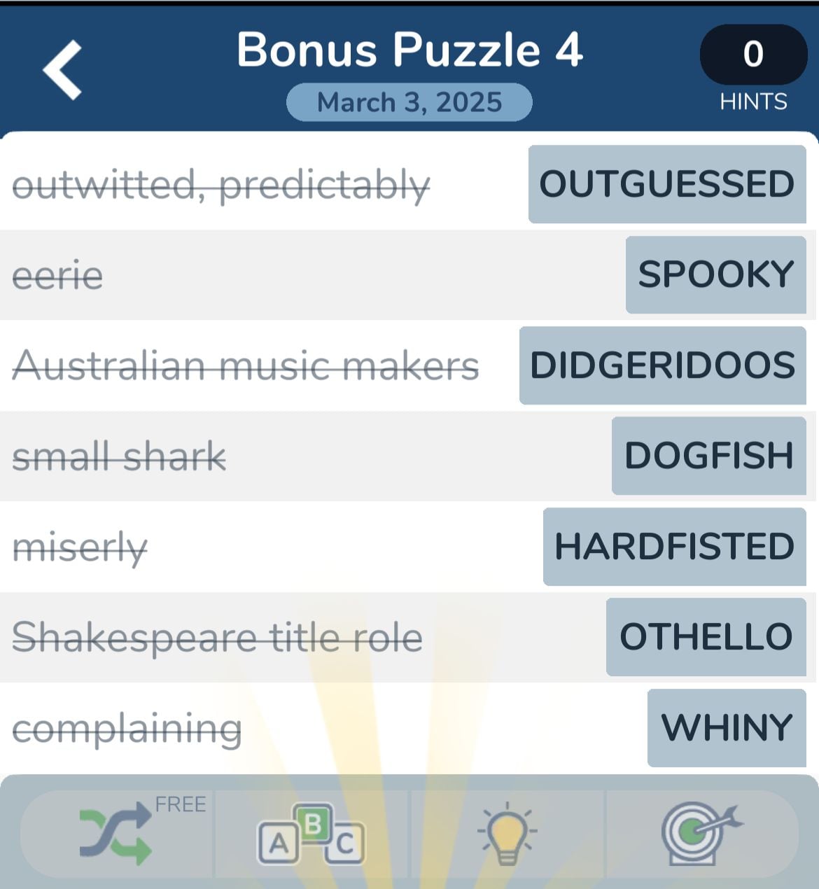 Word puzzle with clues and answers on March 3, 2025.