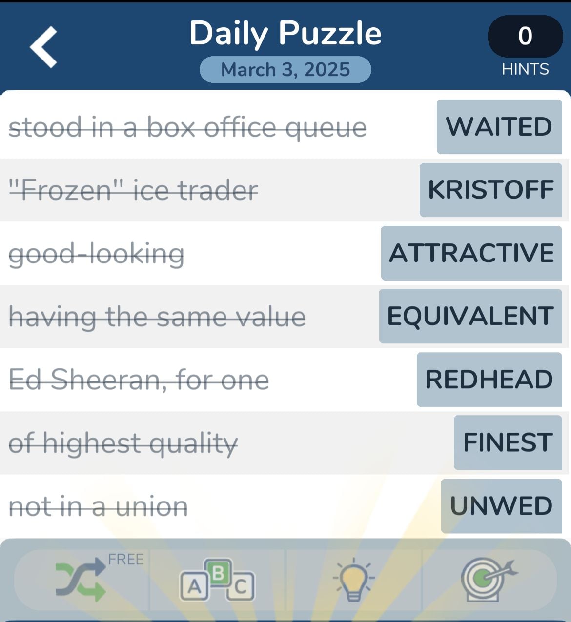 Daily puzzle with clues and answers, March 3, 2025.