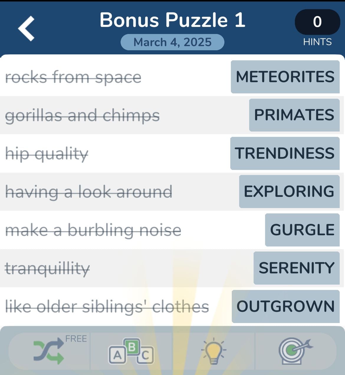 Word puzzle game with synonyms matching challenge.