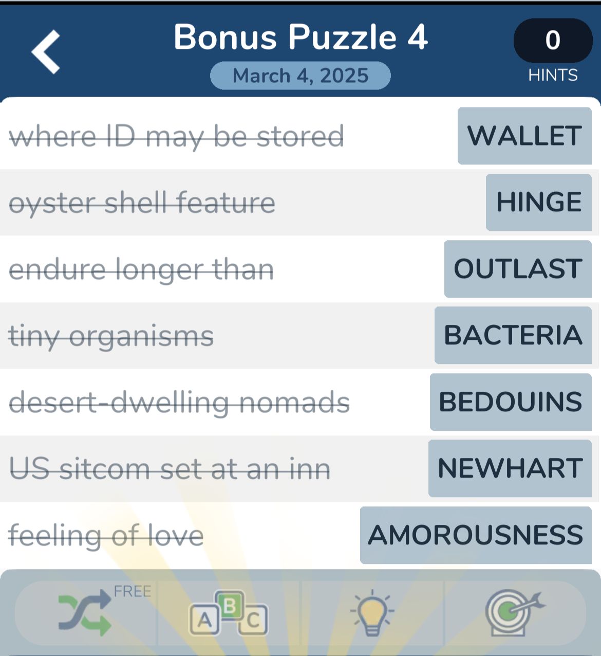 Crossword puzzle answers: wallet, hinge, outlast, bacteria.