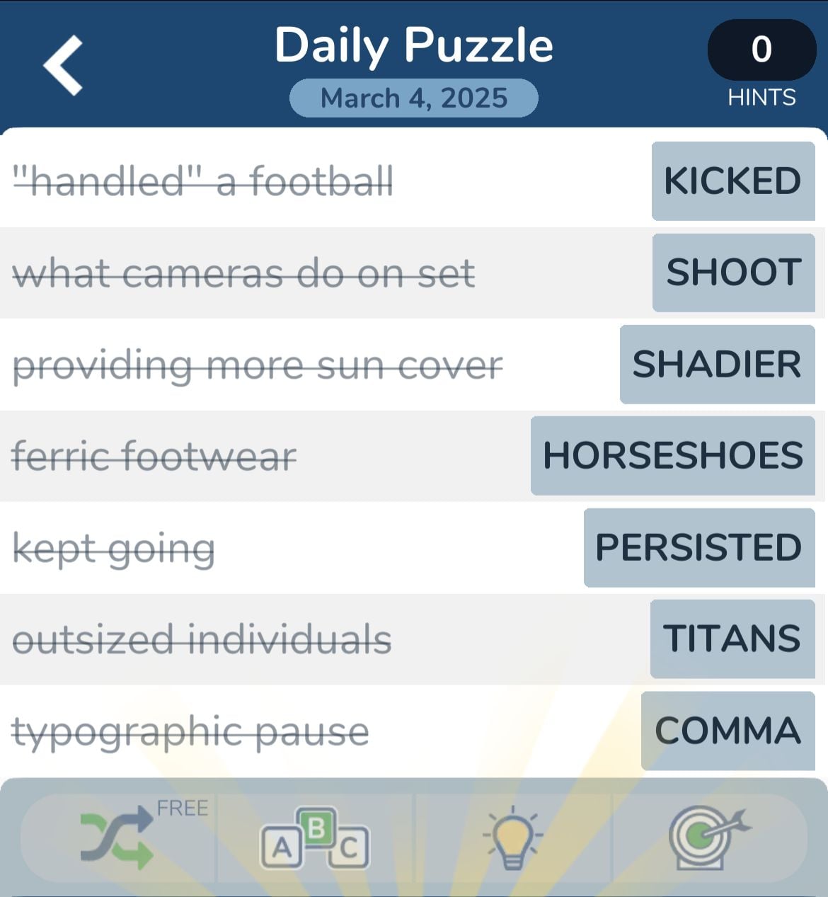 Word game puzzle with answers March 4, 2025.