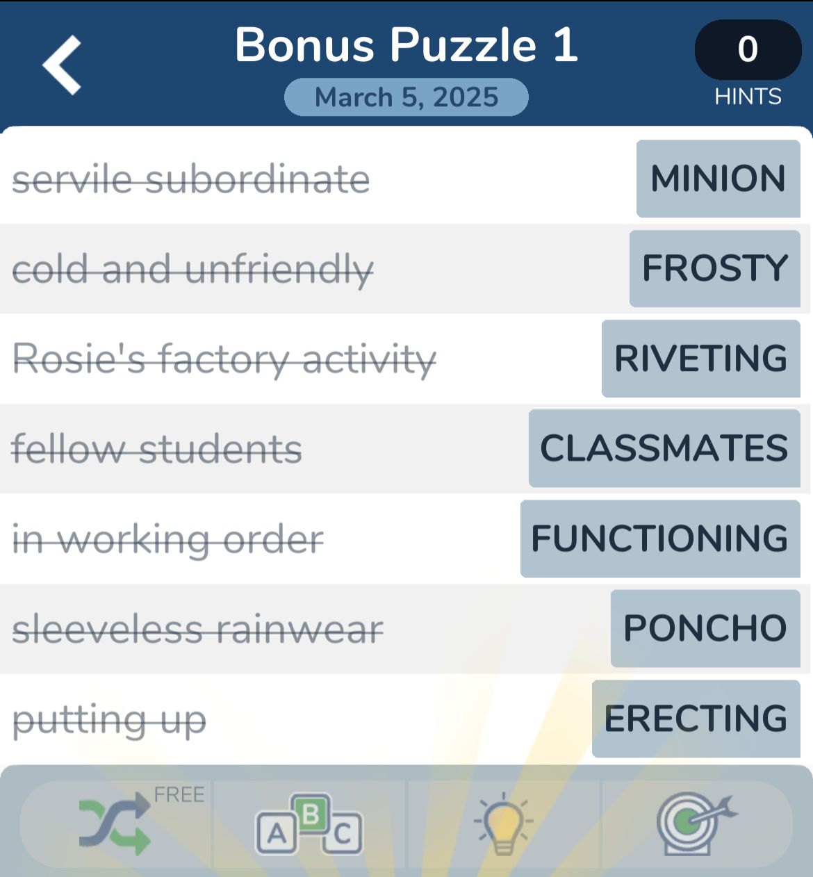 Word puzzle clues and answers for March 5, 2025.