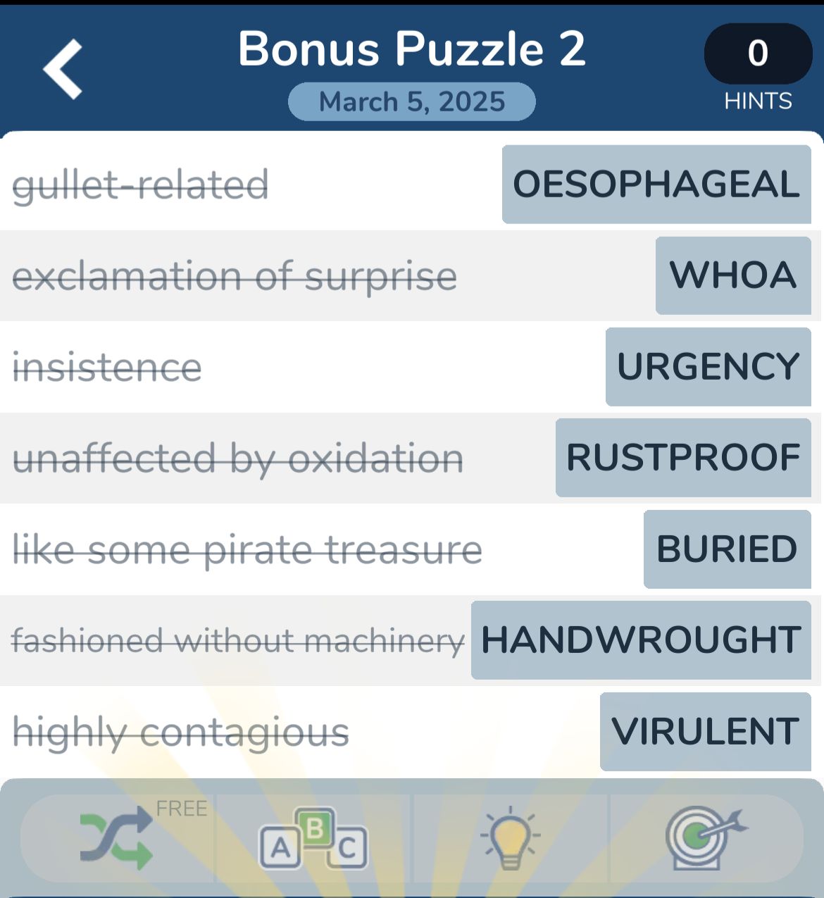 Crossword game with filled word clues and answers.